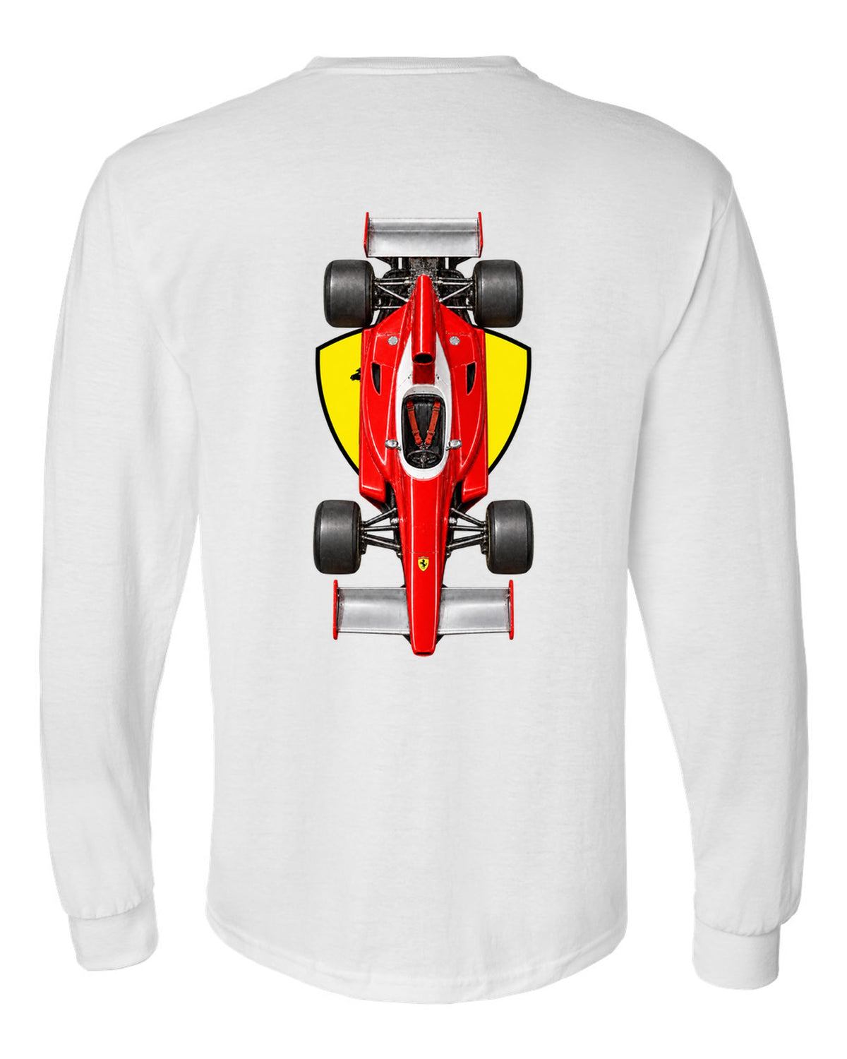 Ferrari 312 T 1975 Formula 1 overhead poster artwork white long sleeve back view with the design