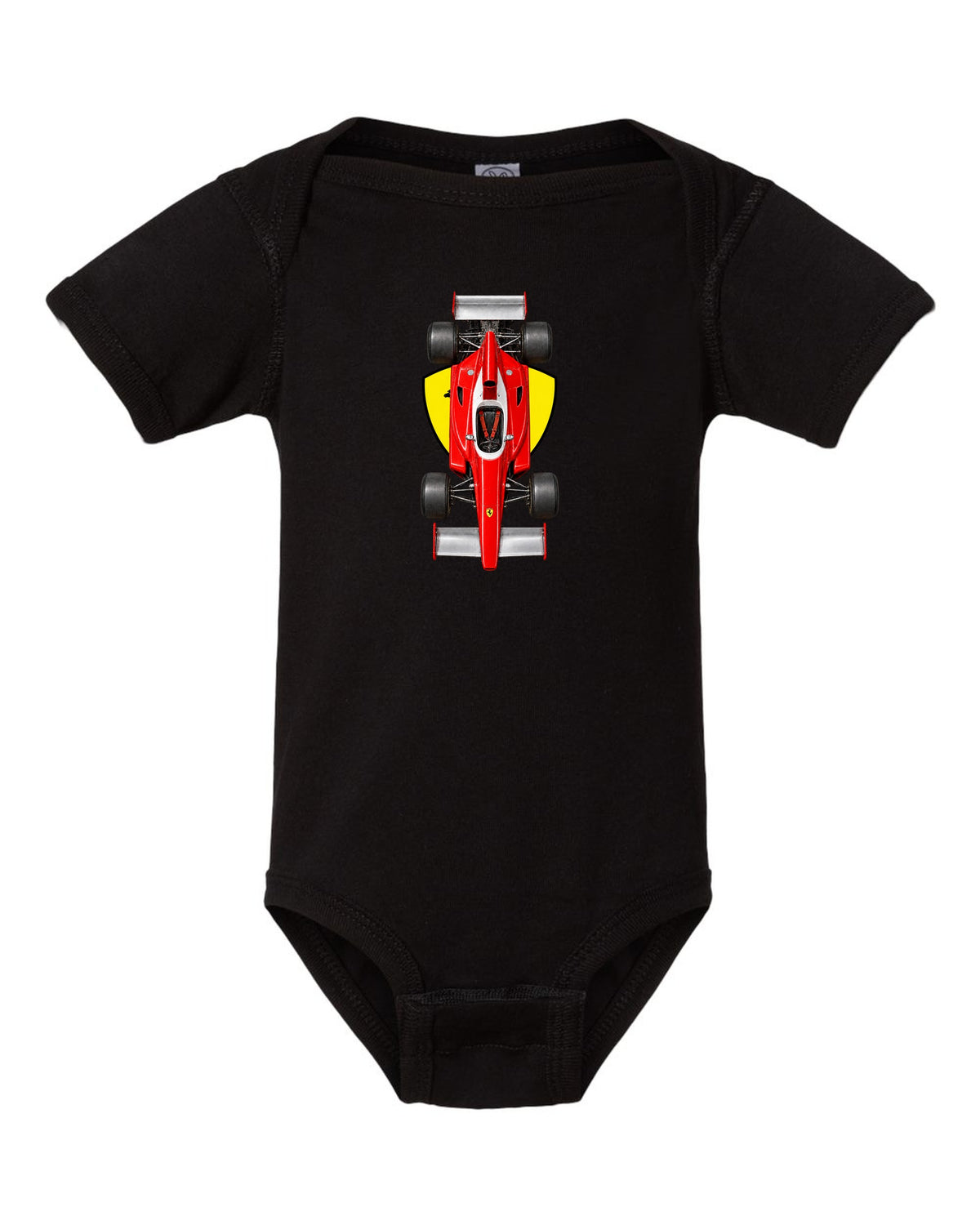 Ferrari 312 T 1975 Formula 1 overhead poster artwork black baby onesie front view with the design