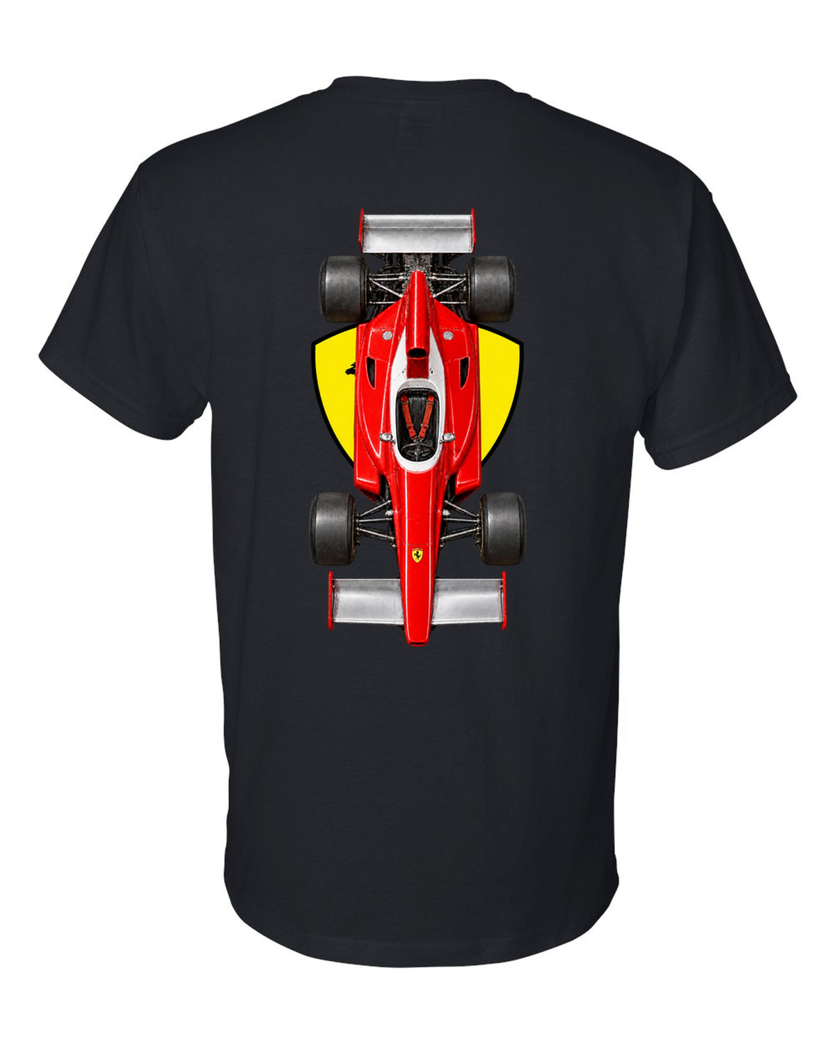 Ferrari 312 T 1975 Formula 1 overhead poster artwork black t-shirt back view with the design