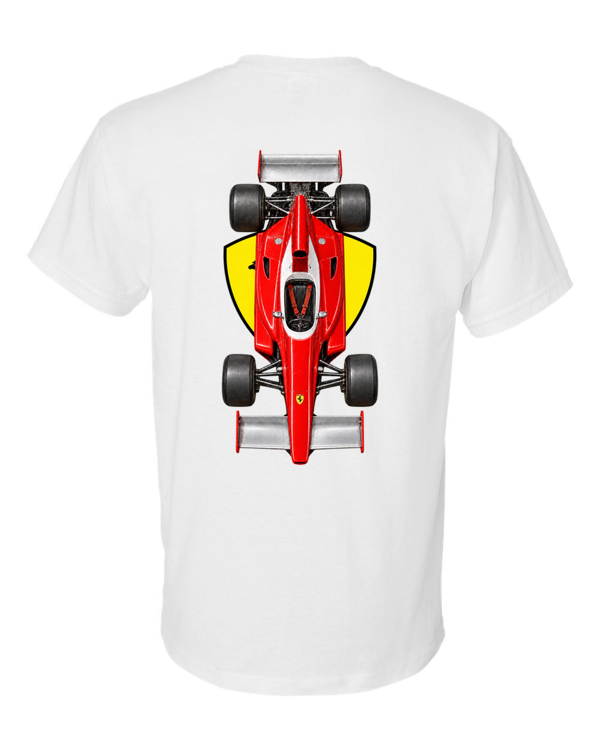 Ferrari 312 T 1975 Formula 1 overhead poster artwork white t-shirt back view with the design