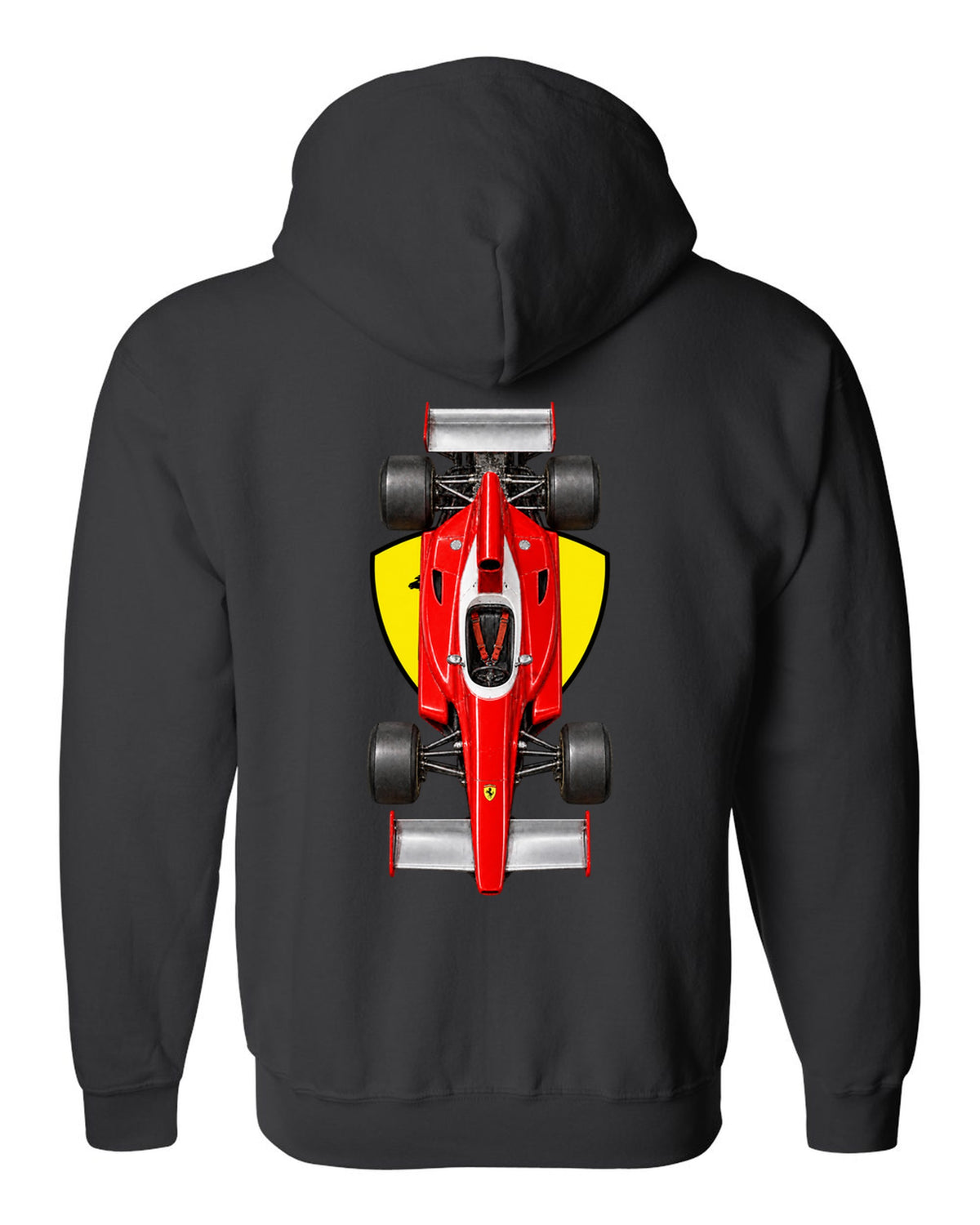 Ferrari 312 T 1975 Formula 1 overhead poster artwork black zip hoodie back view with the design