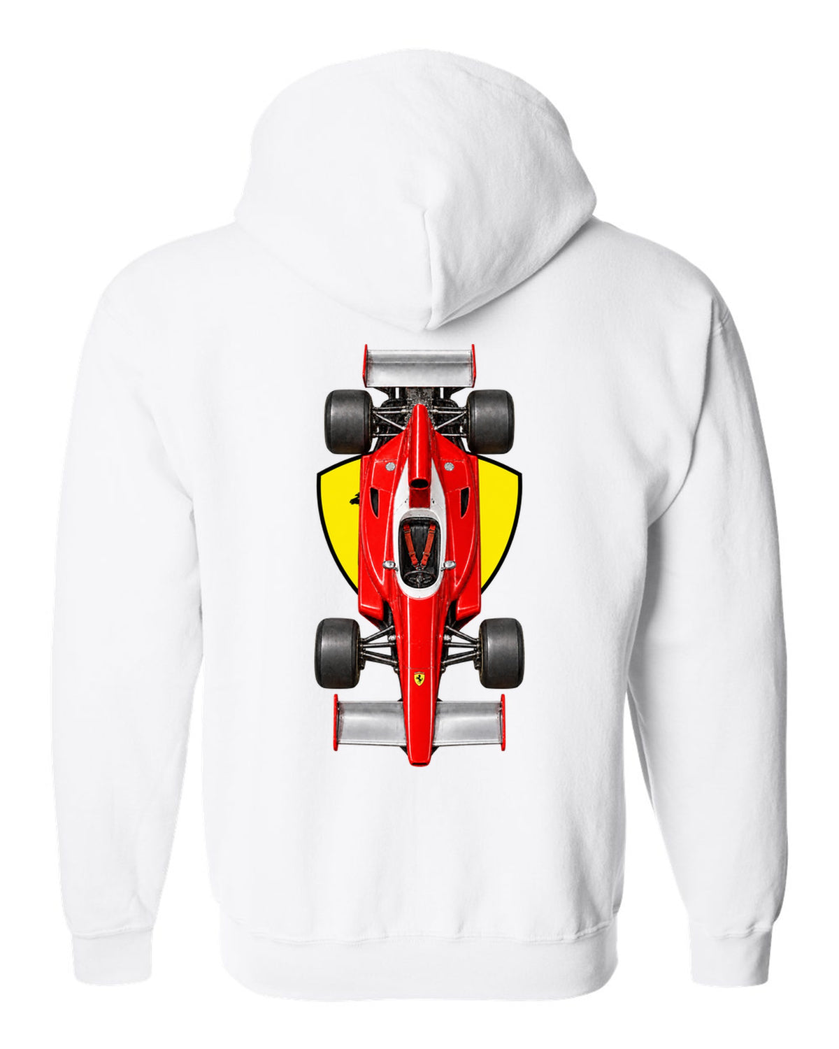 Ferrari 312 T 1975 Formula 1 overhead poster artwork white zip hoodie back view with the design