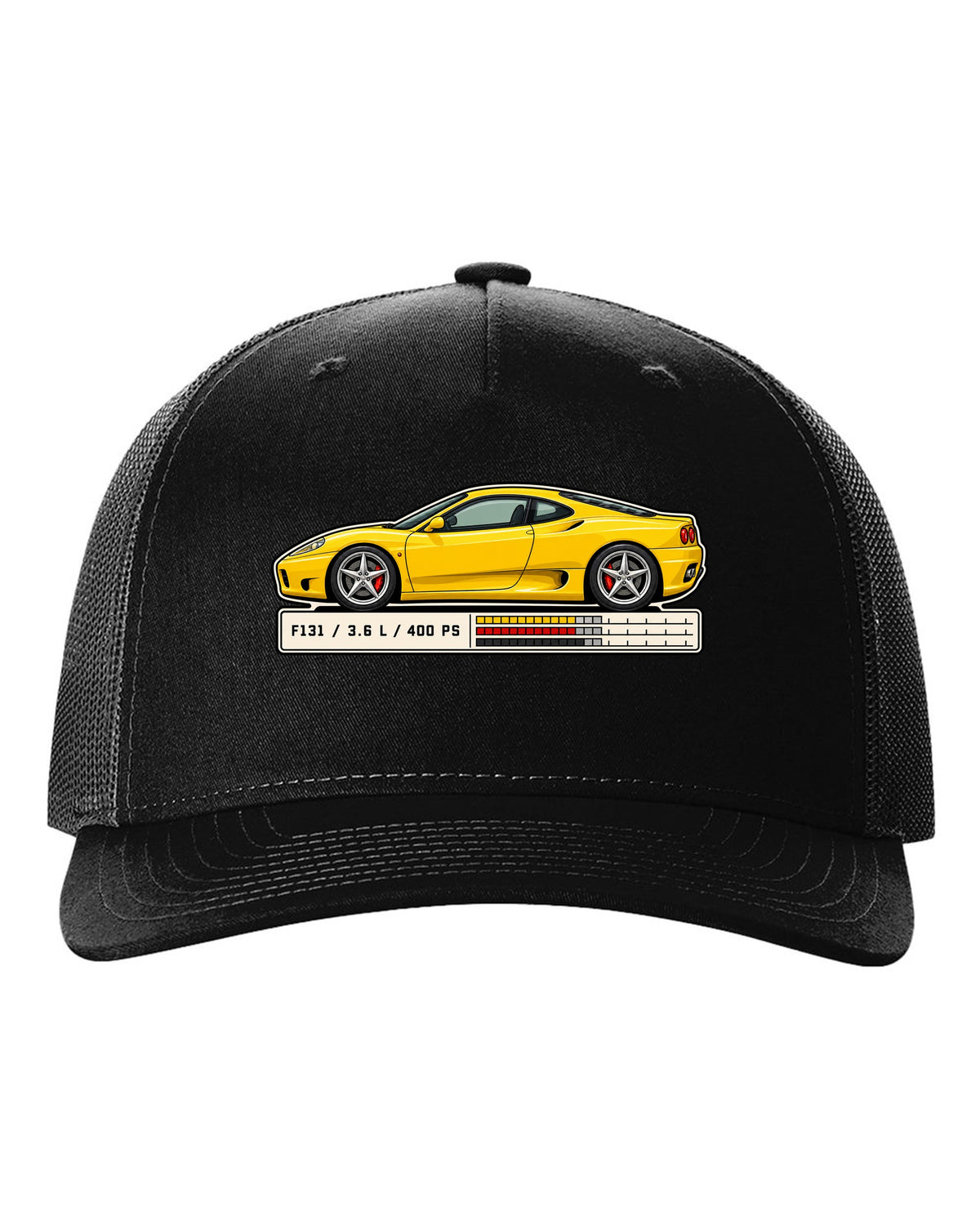 Spec sheet data plate print for the Ferrari 360 Modena listing F131, 3.6 L and 400 PS black hat front view with the design