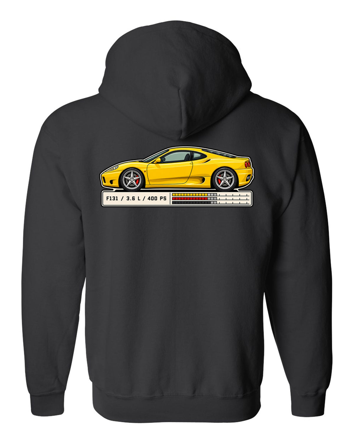 Spec sheet data plate print for the Ferrari 360 Modena listing F131, 3.6 L and 400 PS black zip hoodie back view with the design