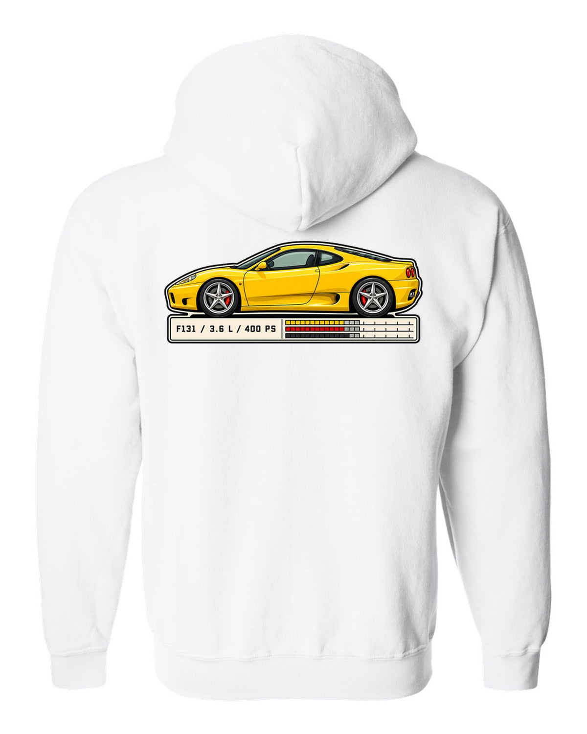Spec sheet data plate print for the Ferrari 360 Modena listing F131, 3.6 L and 400 PS white zip hoodie back view with the design