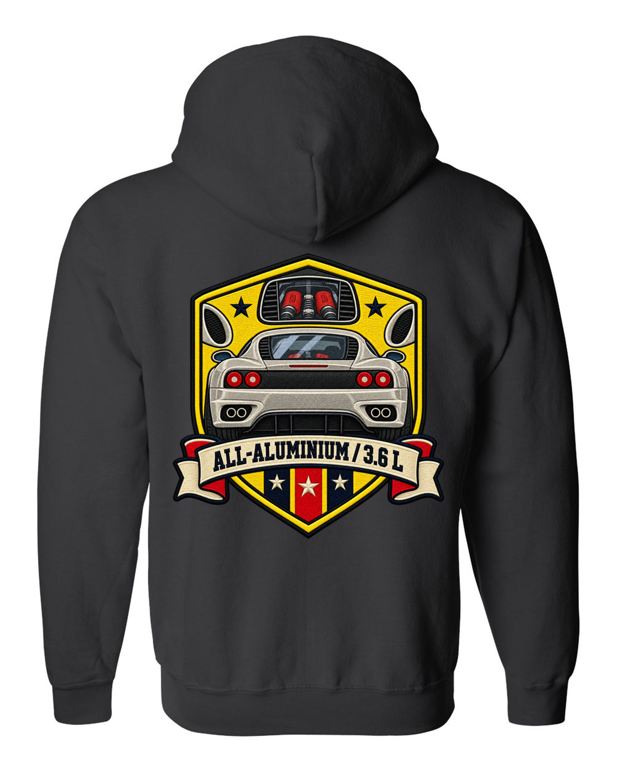 Shield crest print for the Ferrari 360 Modena with All-Aluminium and 3.6 L lettering black zip hoodie back view with the design
