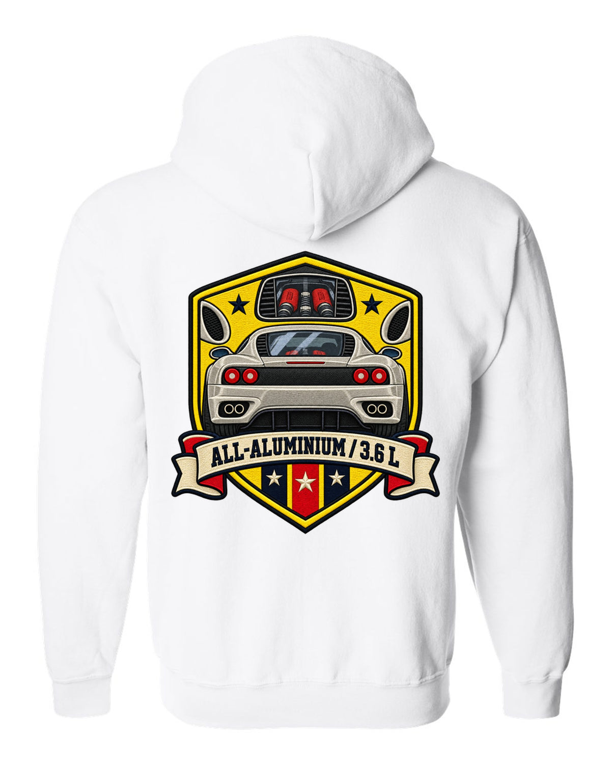 Shield crest print for the Ferrari 360 Modena with All-Aluminium and 3.6 L lettering white zip hoodie back view with the design
