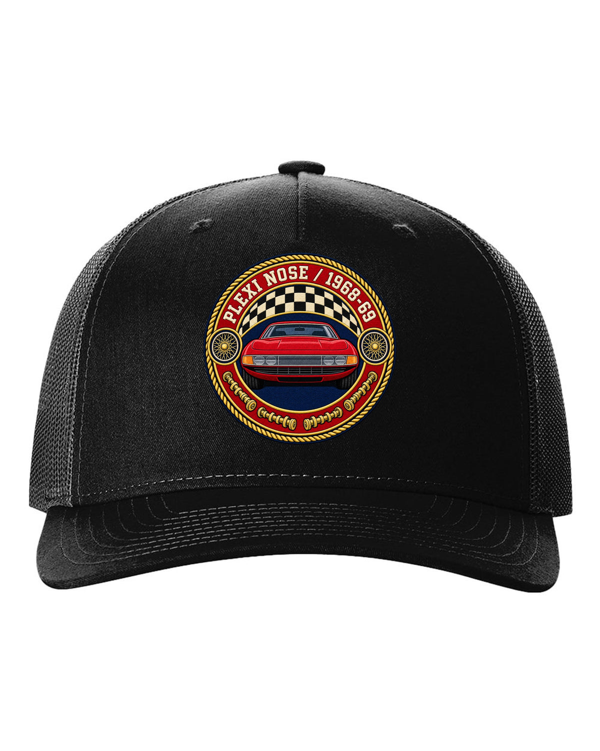 Round crest print for the Ferrari 365 GTB/4 Daytona with Plexi Nose and 1968-69 lettering black hat front view with the design