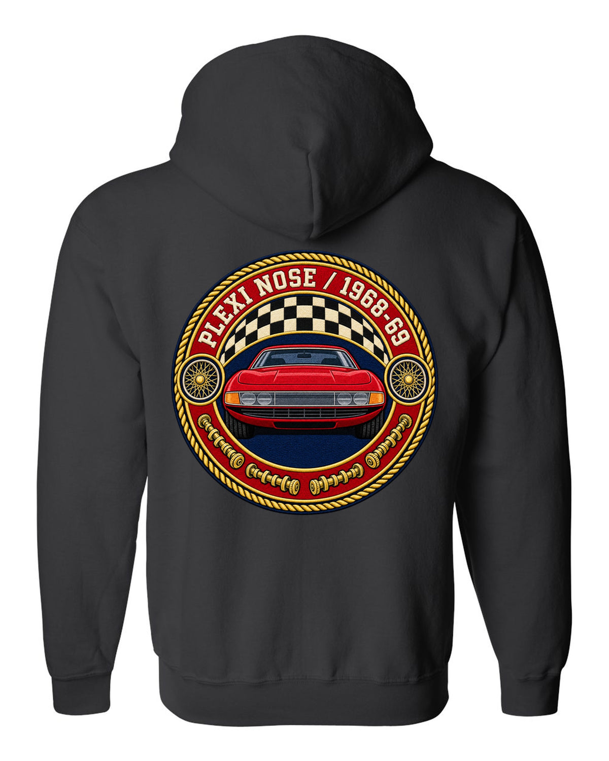 Round crest print for the Ferrari 365 GTB/4 Daytona with Plexi Nose and 1968-69 lettering black zip hoodie back view with the design