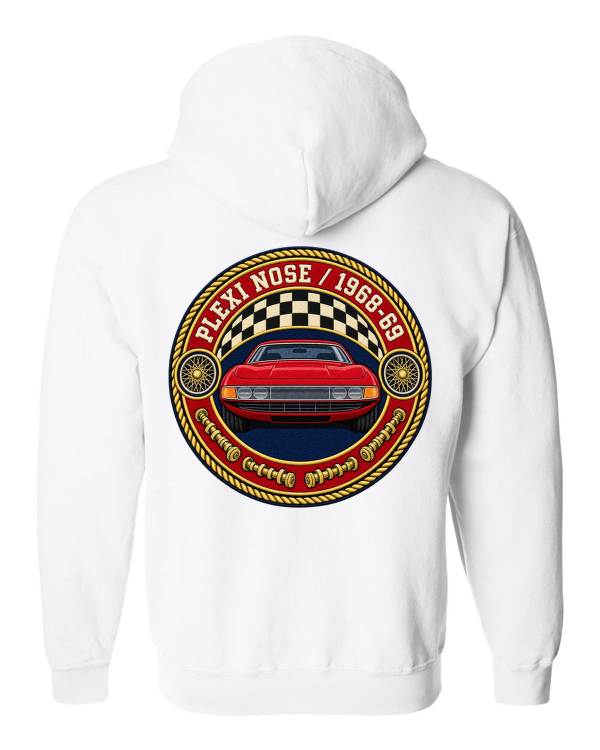 Round crest print for the Ferrari 365 GTB/4 Daytona with Plexi Nose and 1968-69 lettering white zip hoodie back view with the design
