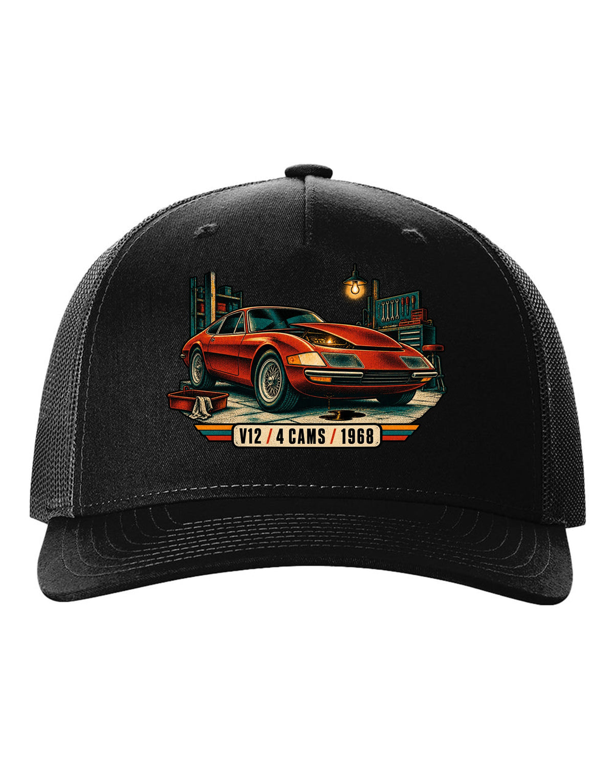 Risograph spot colour print of a Ferrari 365 GTB/4 Daytona in a garage with V12 4 Cams 1968 lettering black hat front view with the design