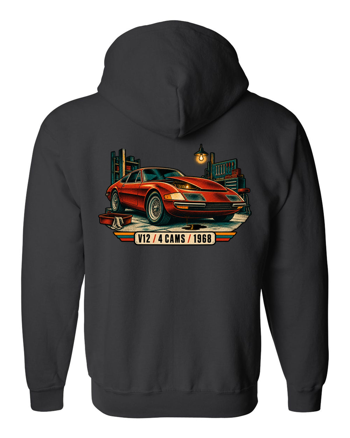 Risograph spot colour print of a Ferrari 365 GTB/4 Daytona in a garage with V12 4 Cams 1968 lettering black zip hoodie back view with the design