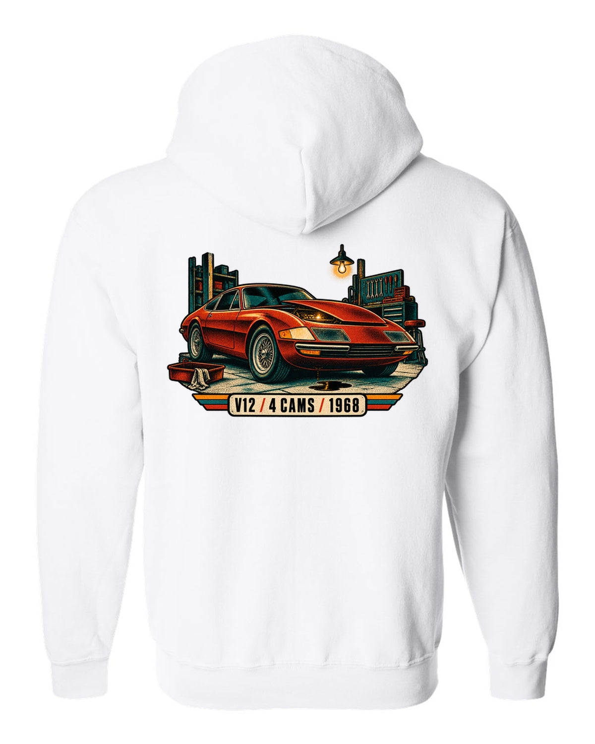 Risograph spot colour print of a Ferrari 365 GTB/4 Daytona in a garage with V12 4 Cams 1968 lettering white zip hoodie back view with the design