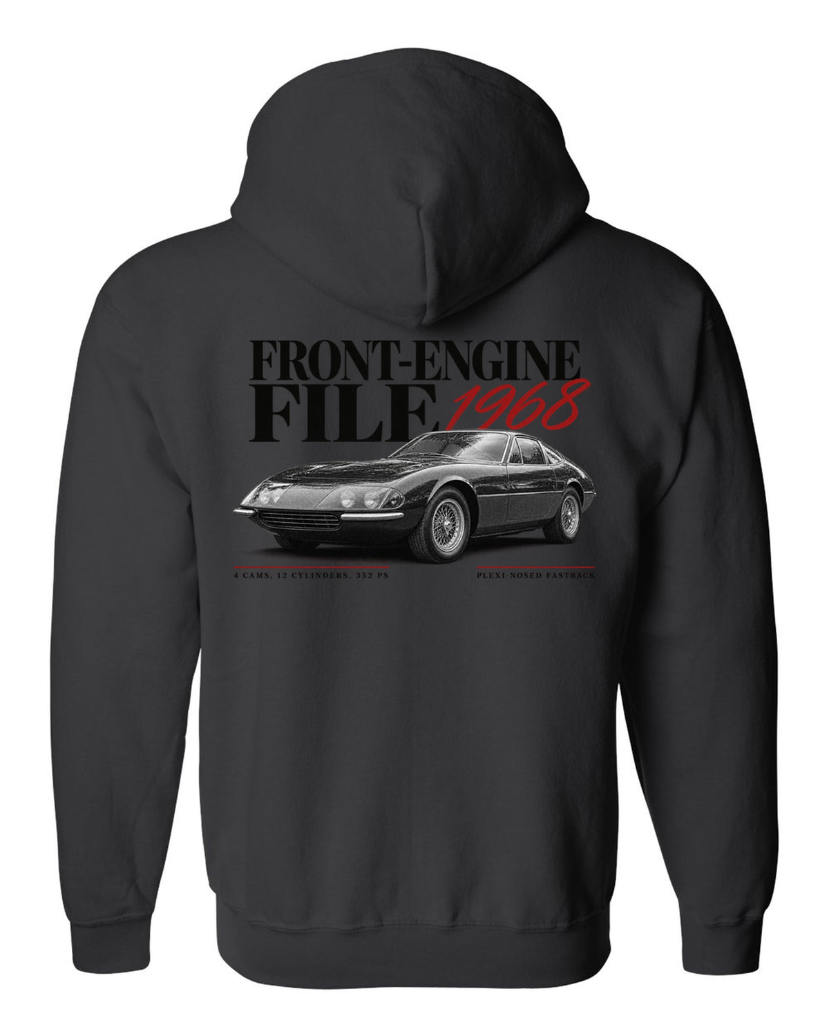 Editorial headline print of a Ferrari 365 GTB/4 Daytona with Front-Engine File 1968 and 352 PS text black zip hoodie back view with the design