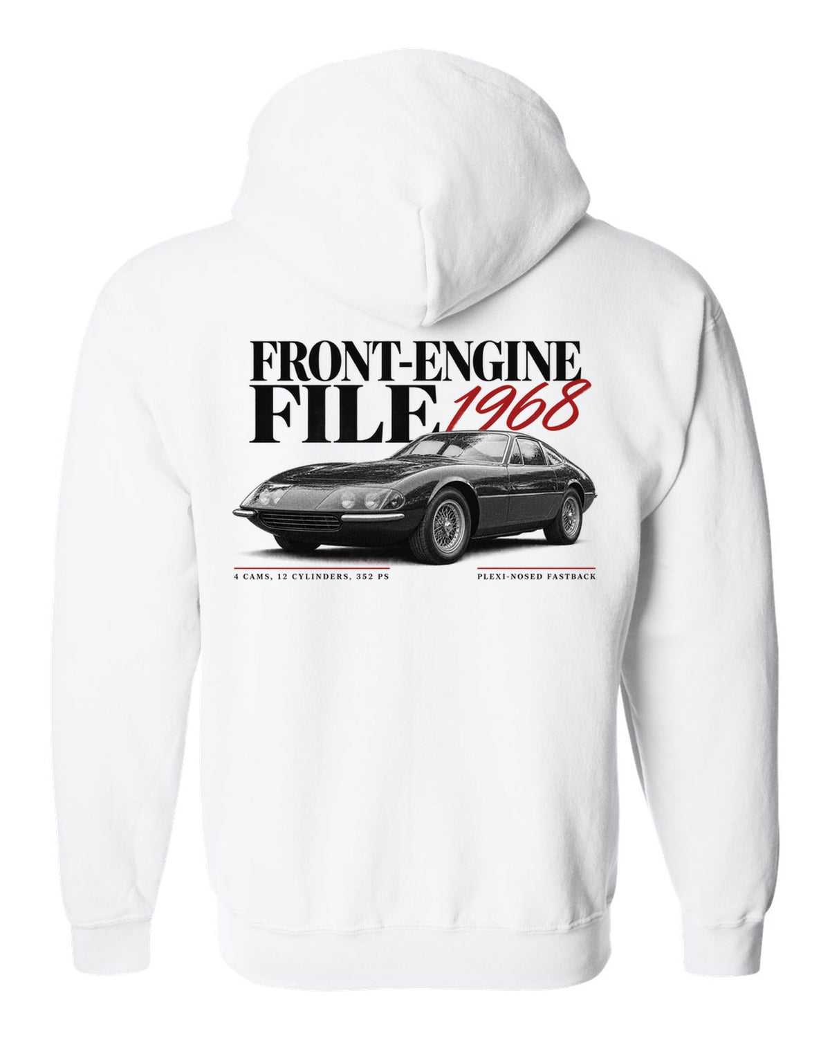 Editorial headline print of a Ferrari 365 GTB/4 Daytona with Front-Engine File 1968 and 352 PS text white zip hoodie back view with the design