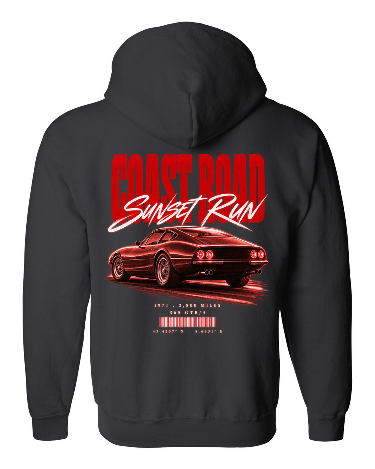 Street poster print of a Ferrari 365 GTB/4 Daytona with Coast Road, Sunset Run, 1971, 2,800 miles black zip hoodie back view with the design