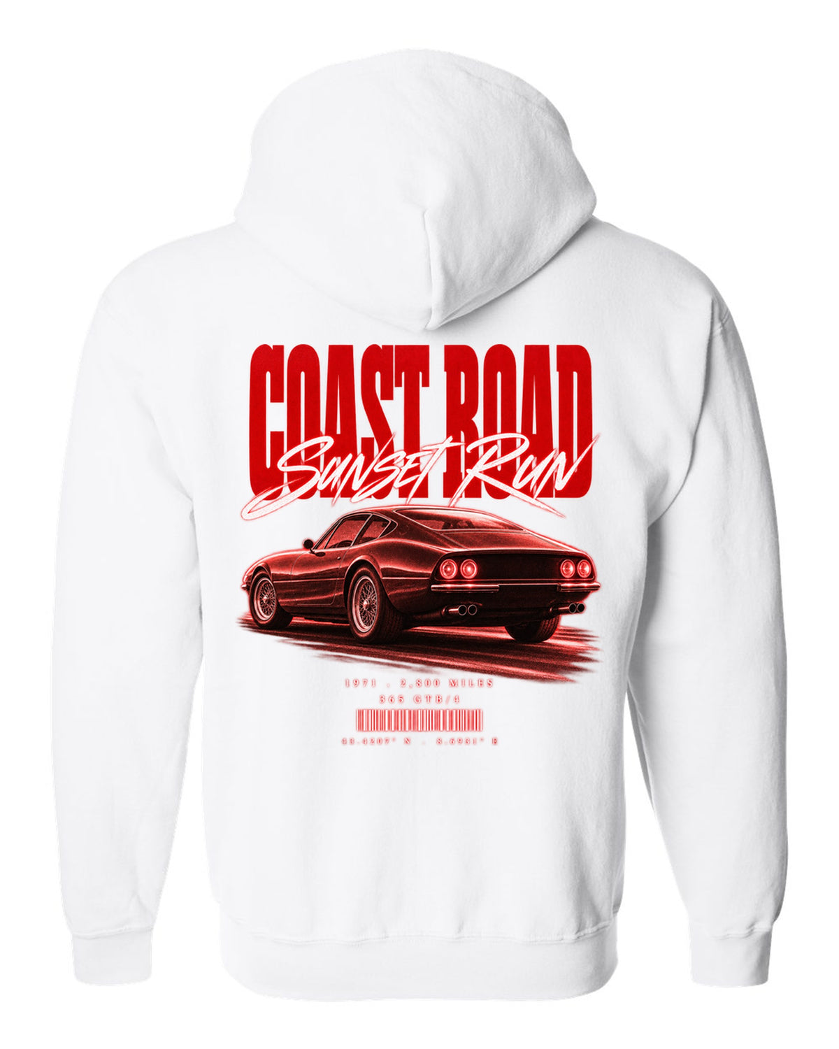 Street poster print of a Ferrari 365 GTB/4 Daytona with Coast Road, Sunset Run, 1971, 2,800 miles white zip hoodie back view with the design