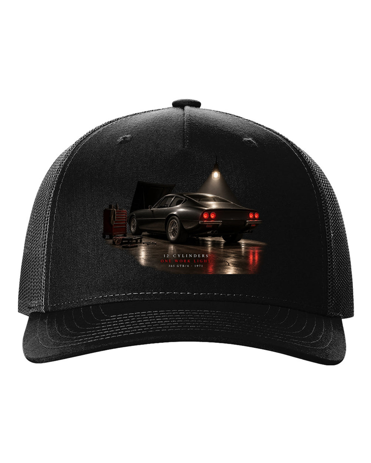 Ferrari 365 GTB/4 Daytona 1971 rear three-quarter garage night print, one work light black hat front view with the design
