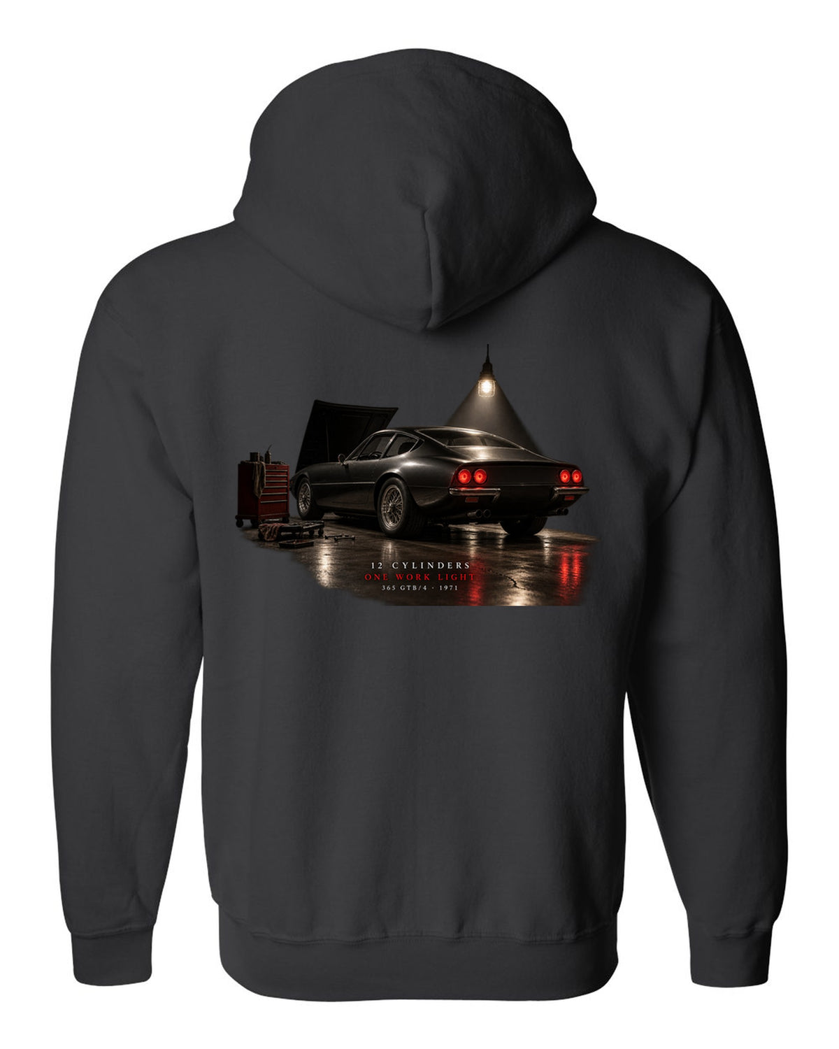 Ferrari 365 GTB/4 Daytona 1971 rear three-quarter garage night print, one work light black zip hoodie back view with the design