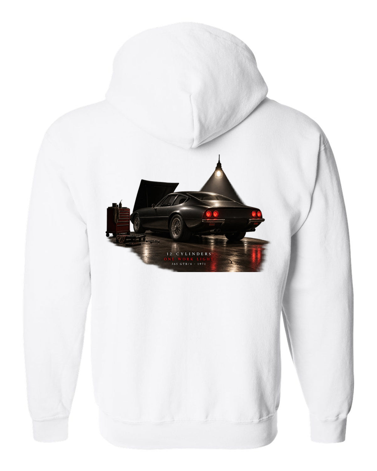 Ferrari 365 GTB/4 Daytona 1971 rear three-quarter garage night print, one work light white zip hoodie back view with the design
