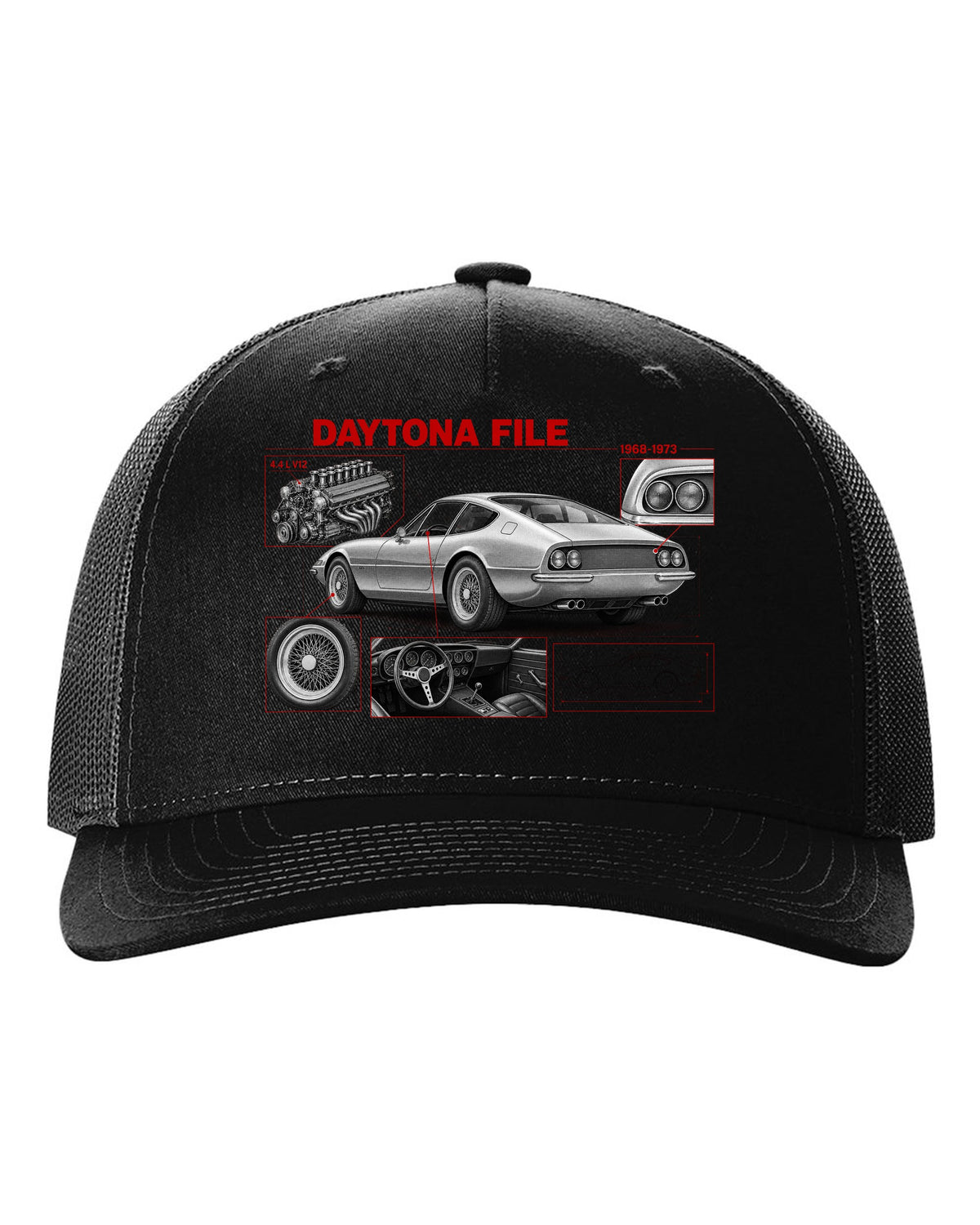 Engine hero print of a Ferrari 365 GTB/4 Daytona V12 with six twin-choke Weber carburettors black hat front view with the design