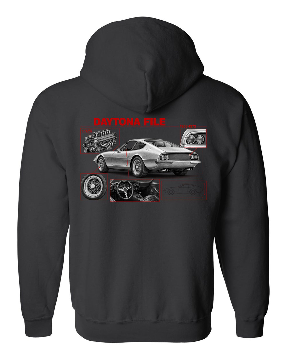 Engine hero print of a Ferrari 365 GTB/4 Daytona V12 with six twin-choke Weber carburettors black zip hoodie back view with the design