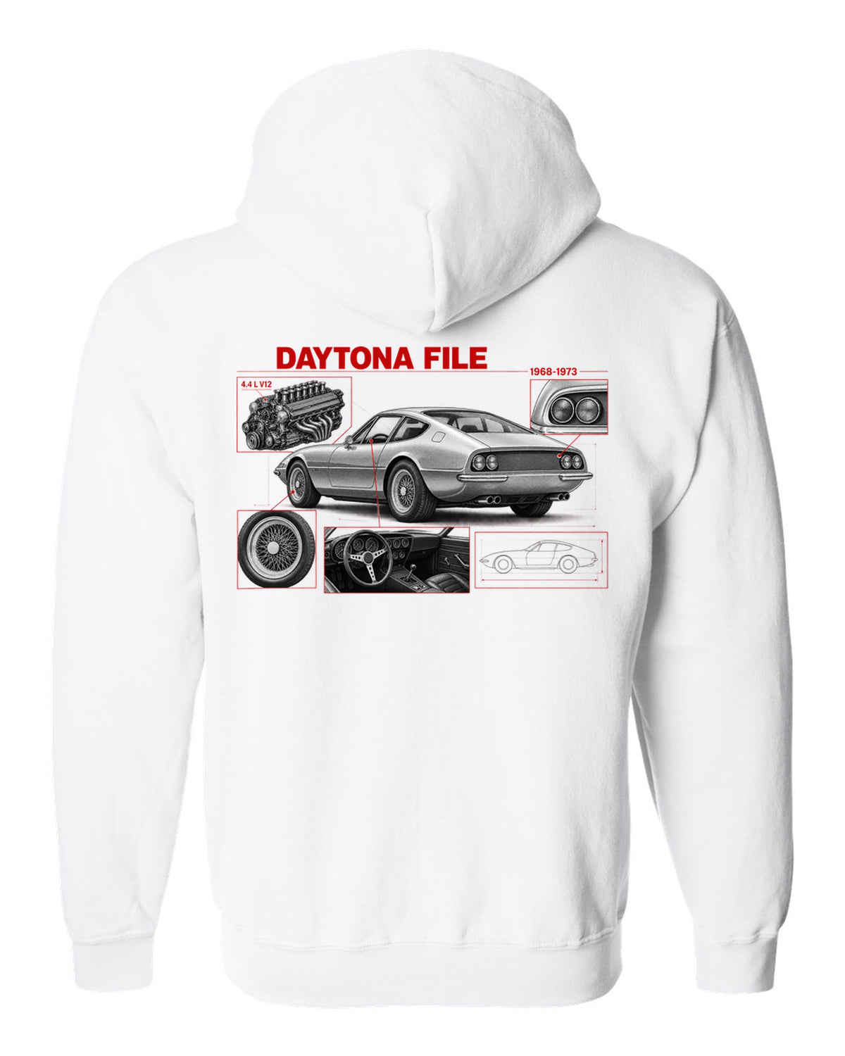 Engine hero print of a Ferrari 365 GTB/4 Daytona V12 with six twin-choke Weber carburettors white zip hoodie back view with the design