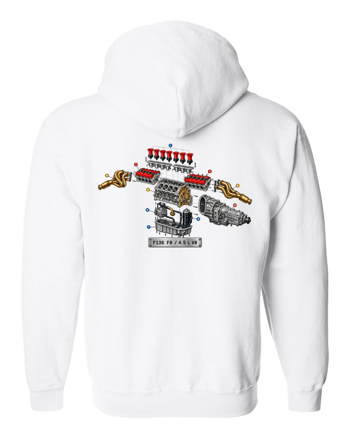 Exploded view of the Ferrari 458 Italia F136 FB V8 with numbered callouts white zip hoodie back view with the design