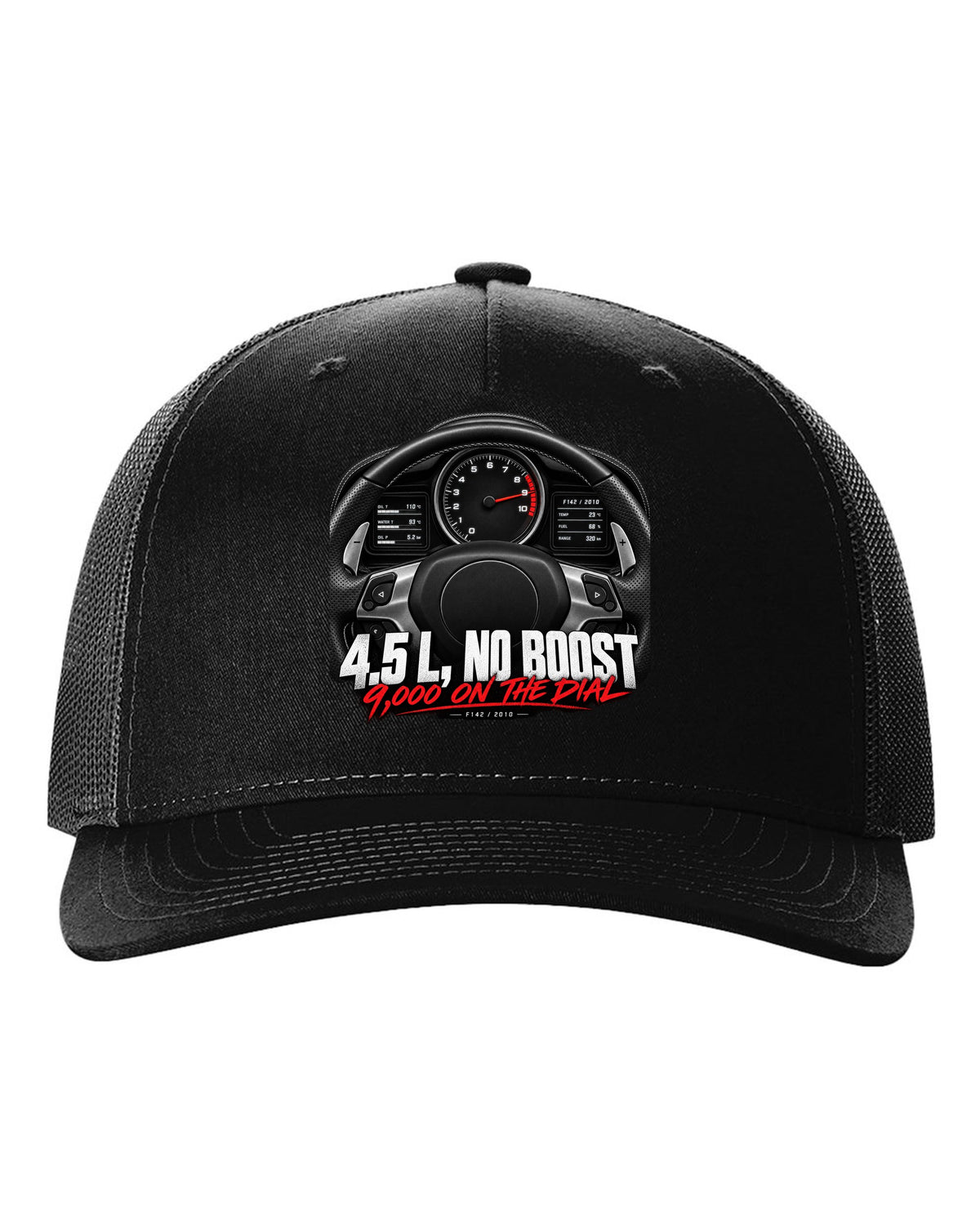 Cockpit gauge print of a Ferrari 458 Italia instrument cluster with 9,000 on the dial black hat front view with the design