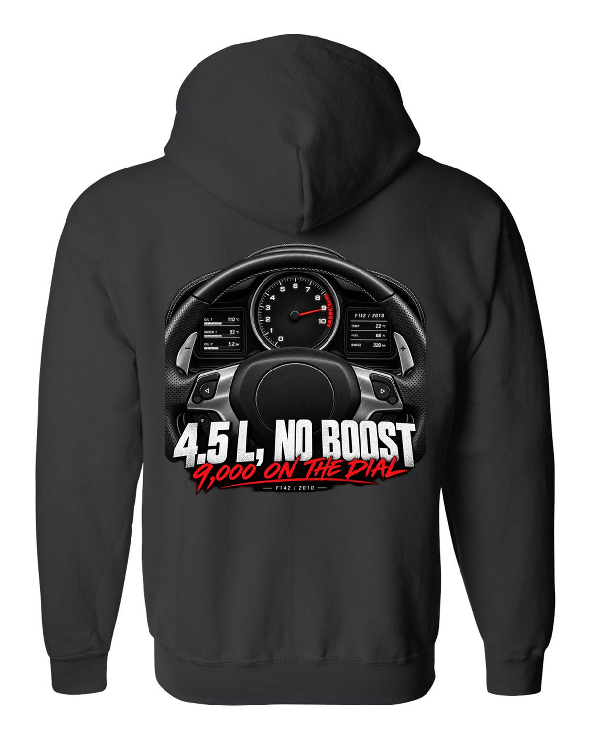 Cockpit gauge print of a Ferrari 458 Italia instrument cluster with 9,000 on the dial black zip hoodie back view with the design
