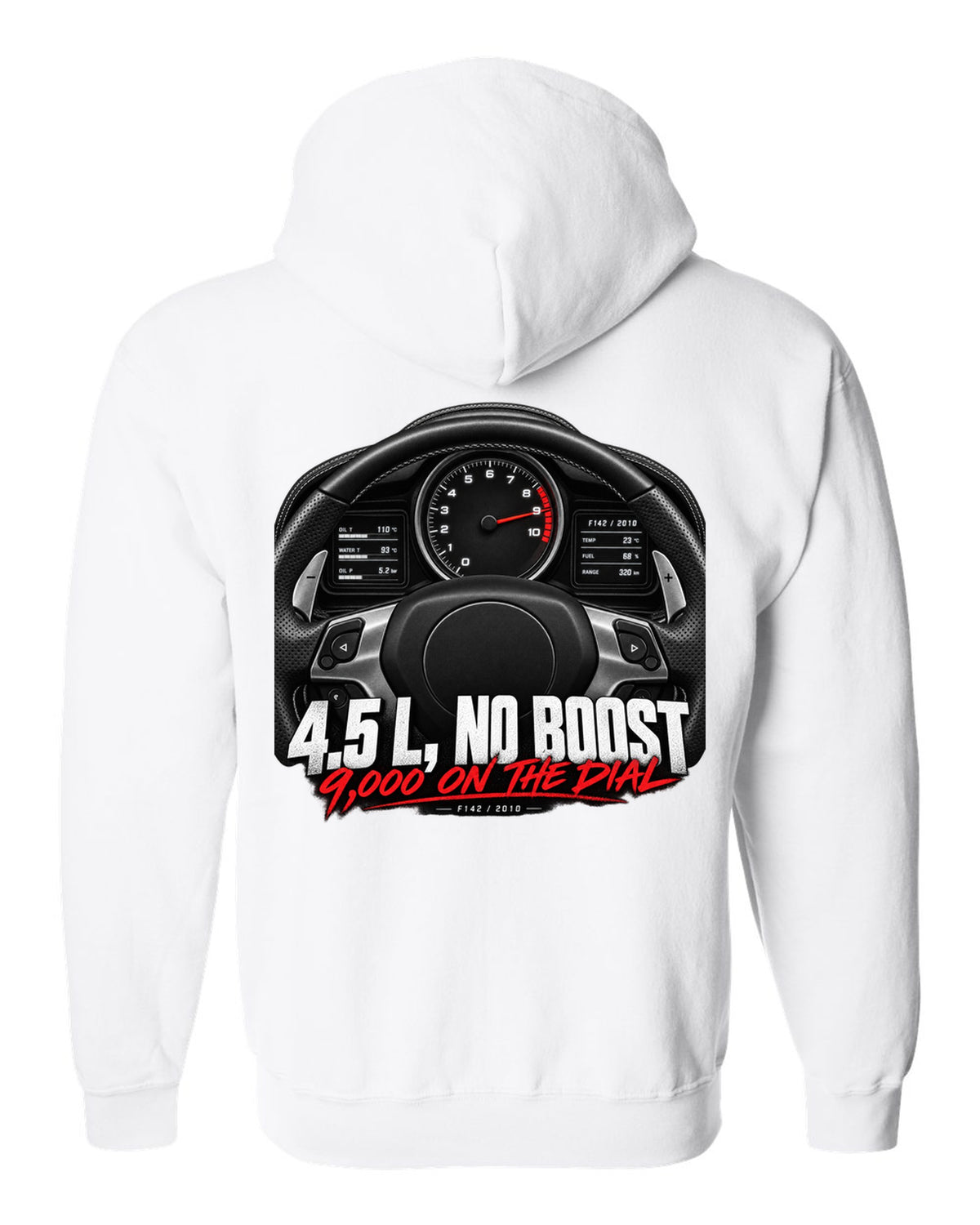 Cockpit gauge print of a Ferrari 458 Italia instrument cluster with 9,000 on the dial white zip hoodie back view with the design