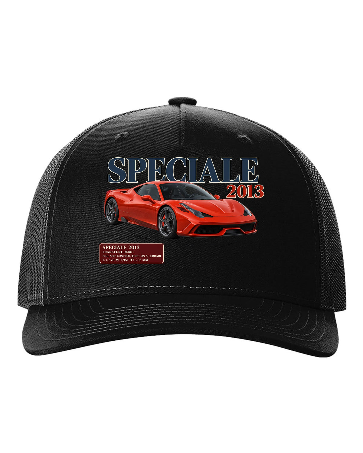 Archive panel print of the Ferrari 458 Speciale in red-orange black hat front view with the design
