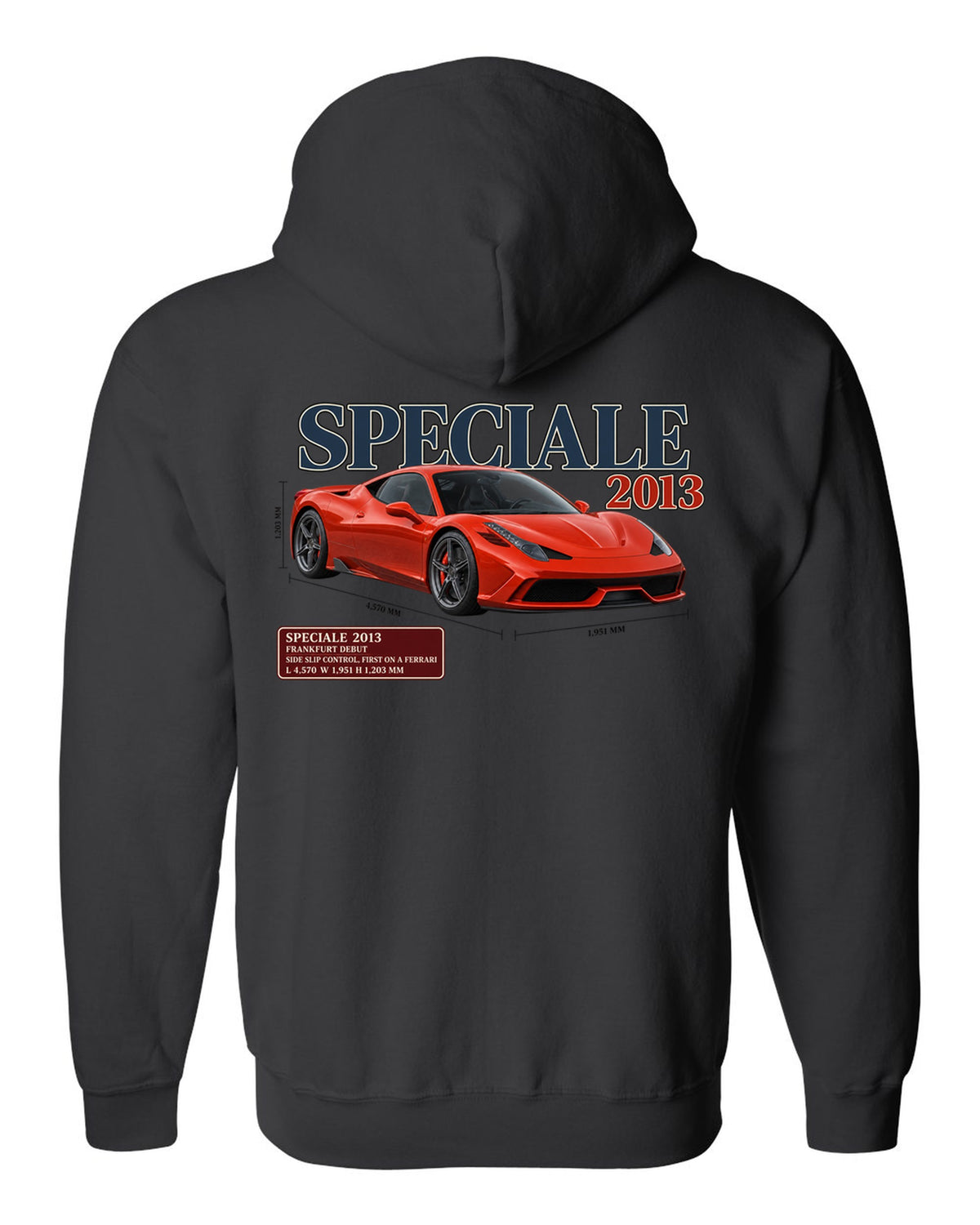 Archive panel print of the Ferrari 458 Speciale in red-orange black zip hoodie back view with the design