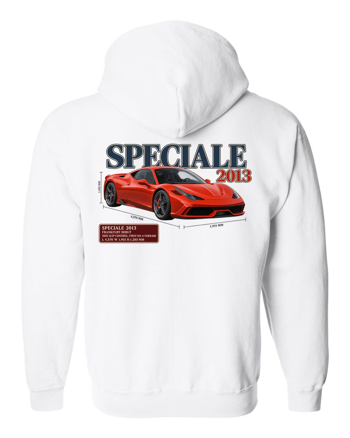 Archive panel print of the Ferrari 458 Speciale in red-orange white zip hoodie back view with the design