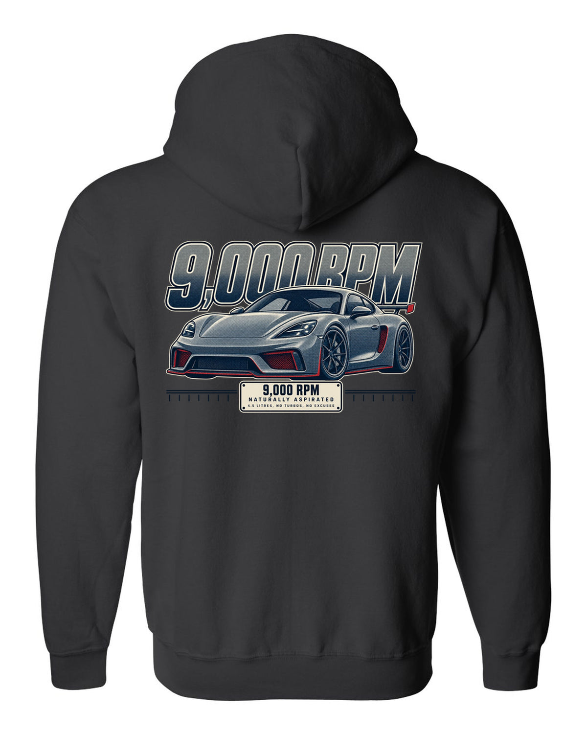 Halftone front three-quarter print of the Ferrari 458 Speciale black zip hoodie back view with the design