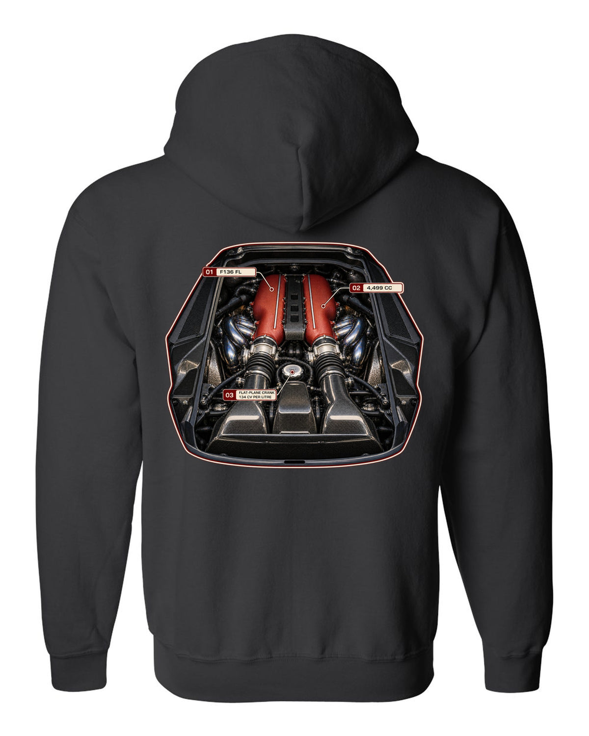 Engine bay print of the Ferrari 458 Speciale F136 FL V8 black zip hoodie back view with the design