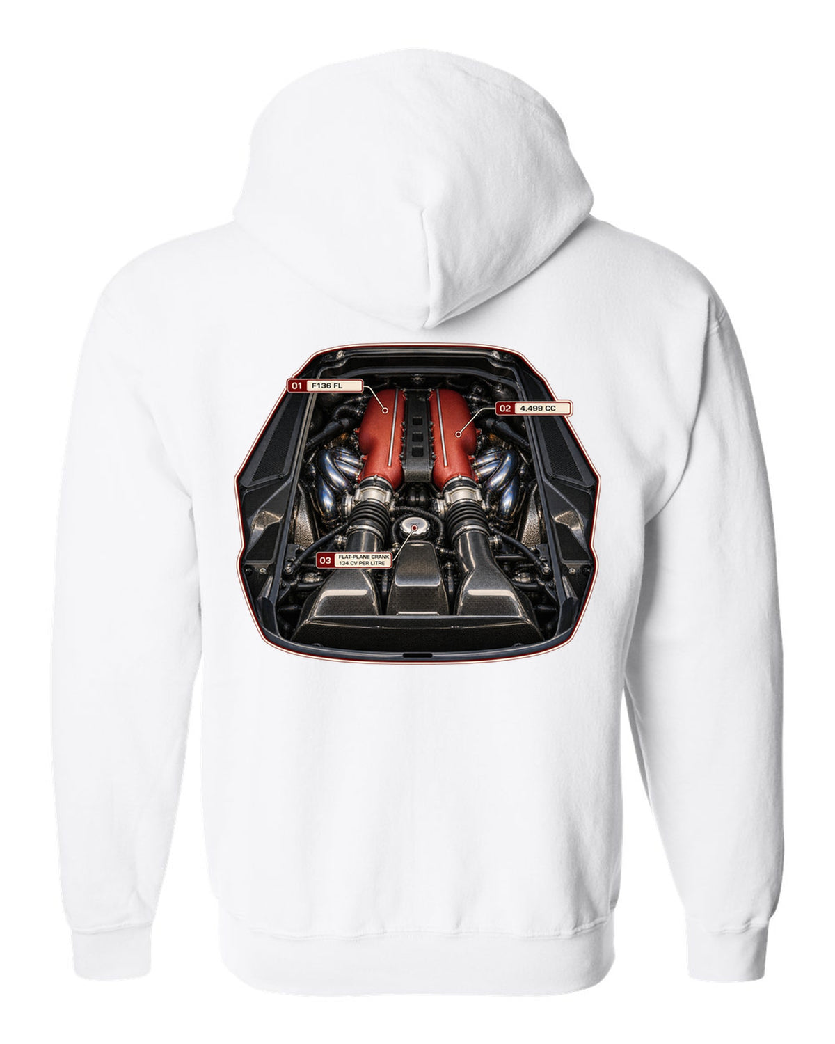 Engine bay print of the Ferrari 458 Speciale F136 FL V8 white zip hoodie back view with the design