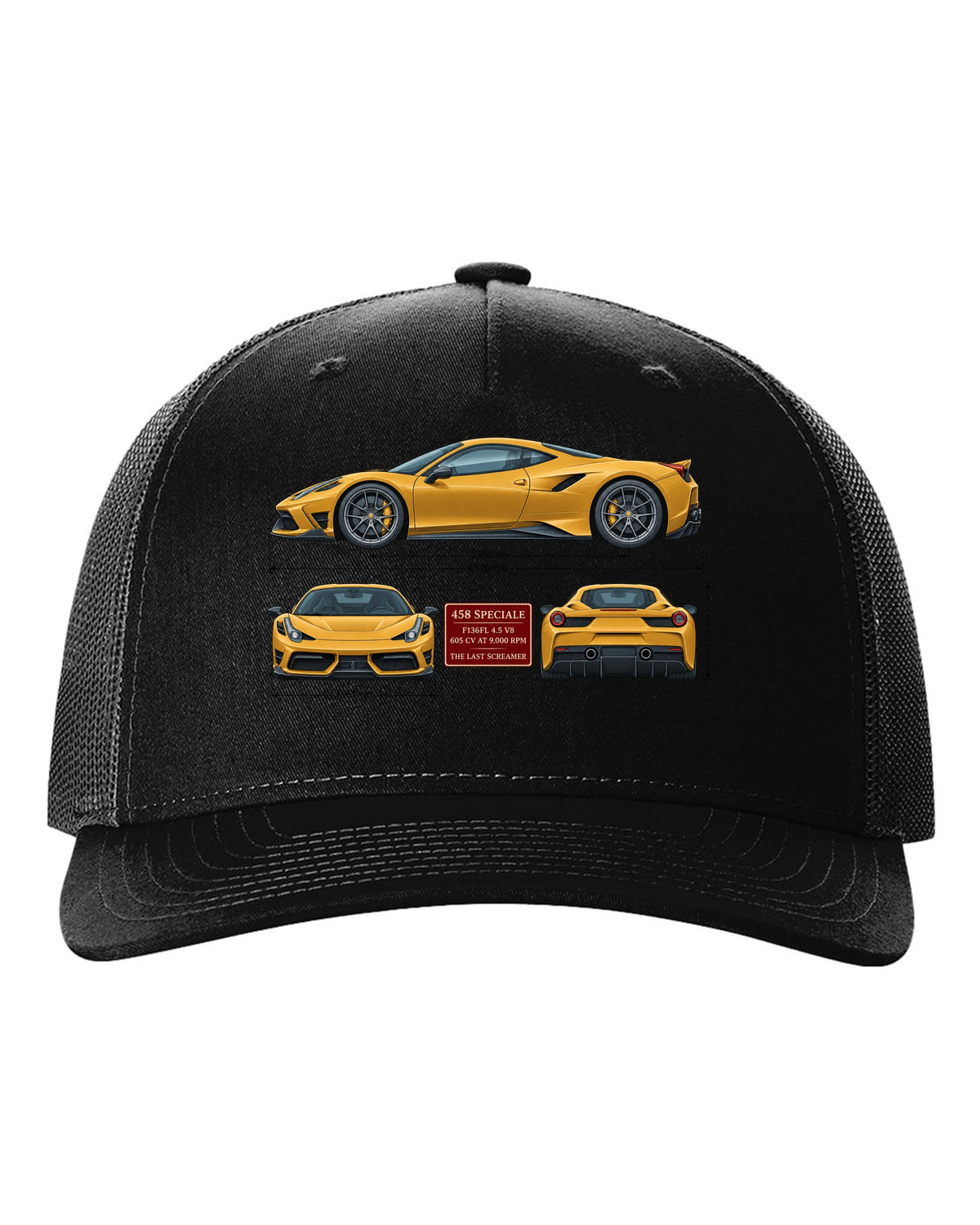 Three-view spec table print of the Ferrari 458 Speciale in ochre black hat front view with the design