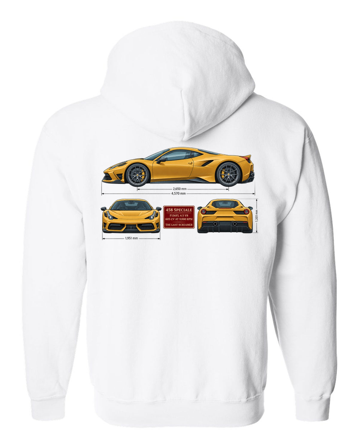 Three-view spec table print of the Ferrari 458 Speciale in ochre white zip hoodie back view with the design