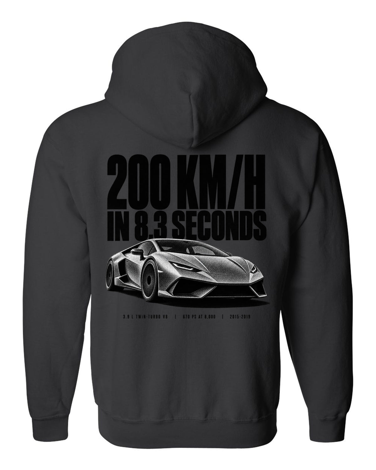 Halftone print of a Ferrari 488 GTB front three-quarter with the text 200 km/h in 8.3 seconds black zip hoodie back view with the design