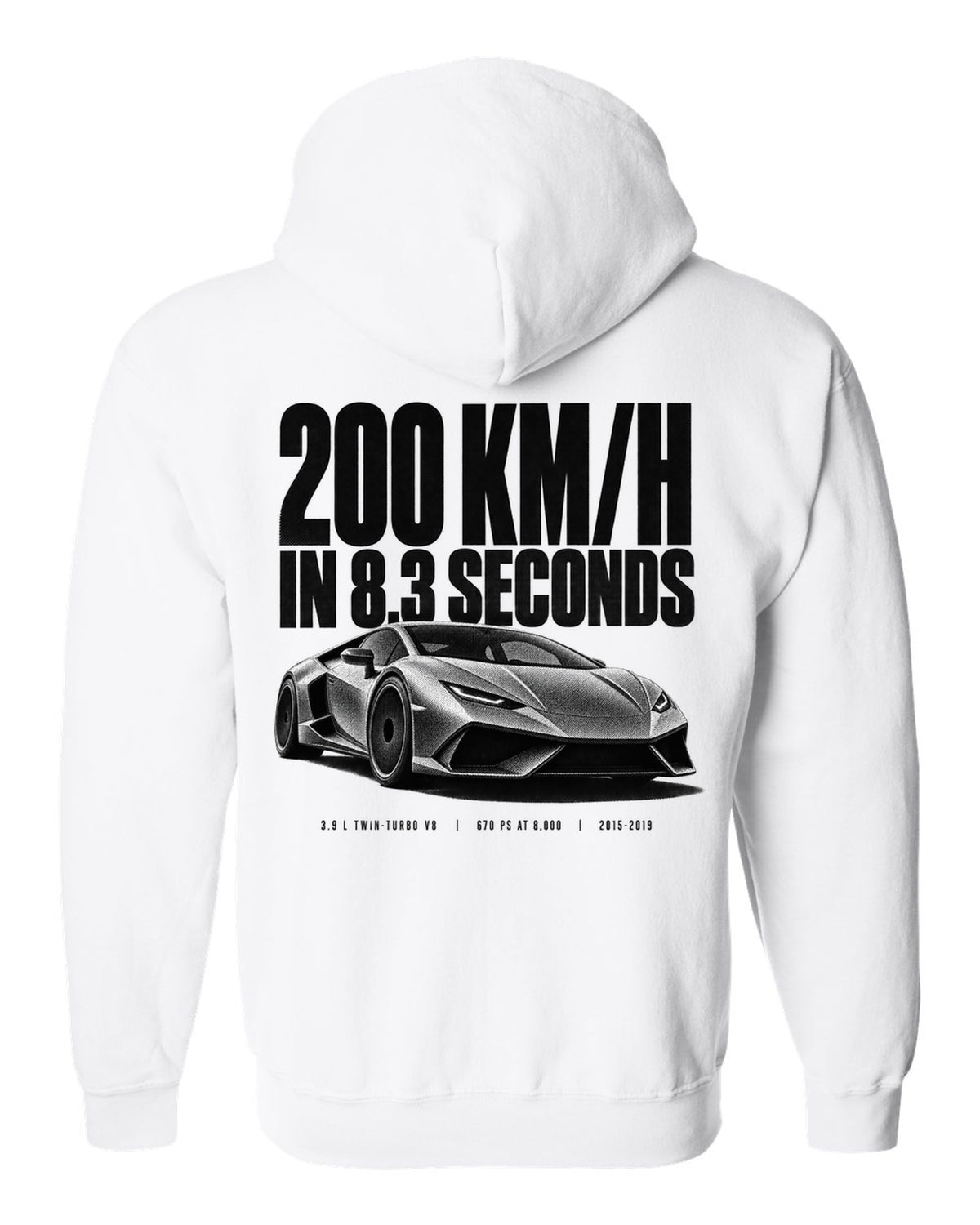 Halftone print of a Ferrari 488 GTB front three-quarter with the text 200 km/h in 8.3 seconds white zip hoodie back view with the design