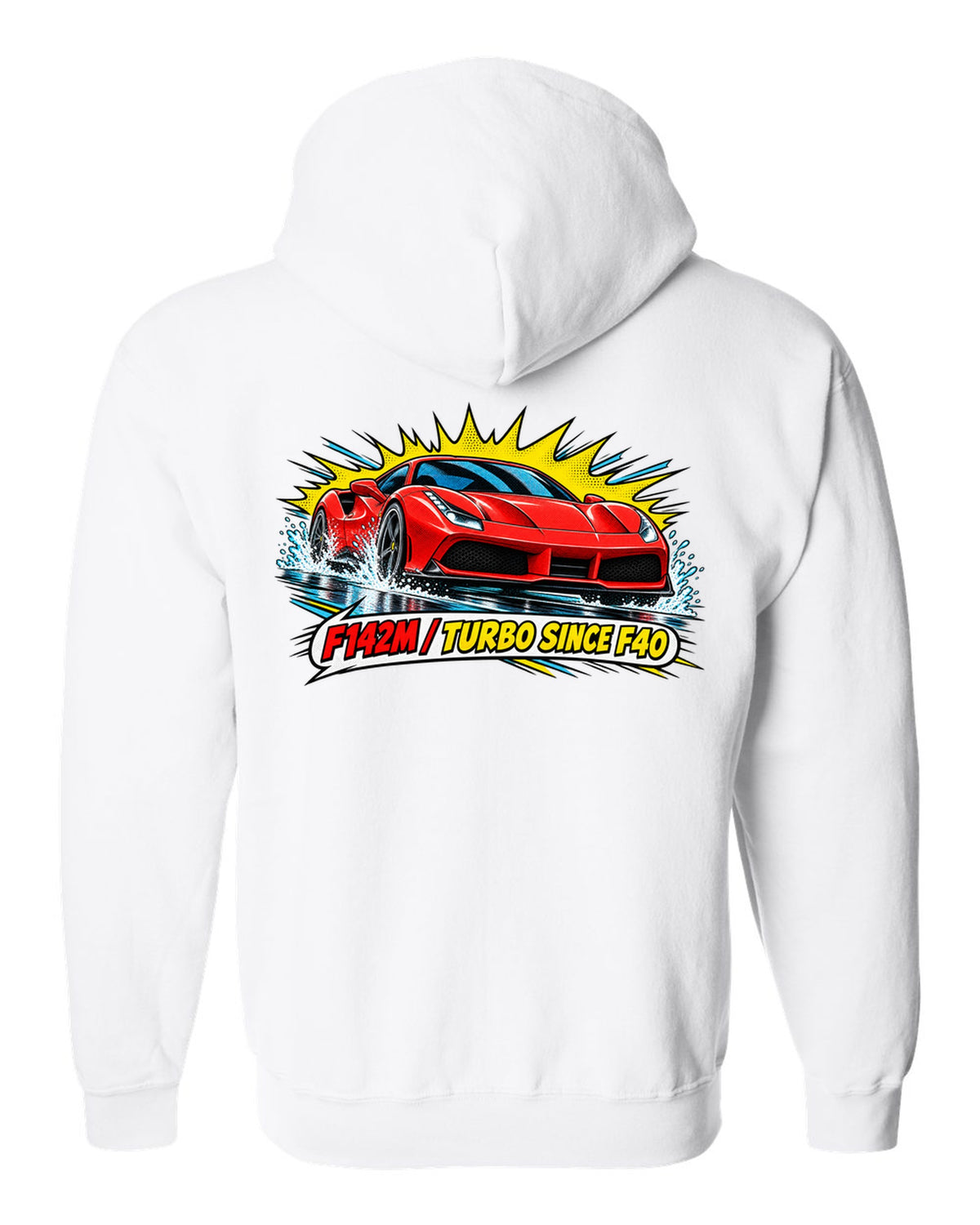 Comic halftone pop-art print of the Ferrari 488 GTB F142M with the text F142M, turbo since F40 white zip hoodie back view with the design