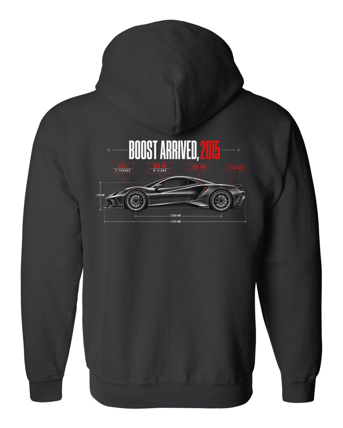 Spec poster print of a Ferrari 488 GTB F154 CB with Boost Arrived 2015, 3.9 L, 660 hp, 760 Nm black zip hoodie back view with the design