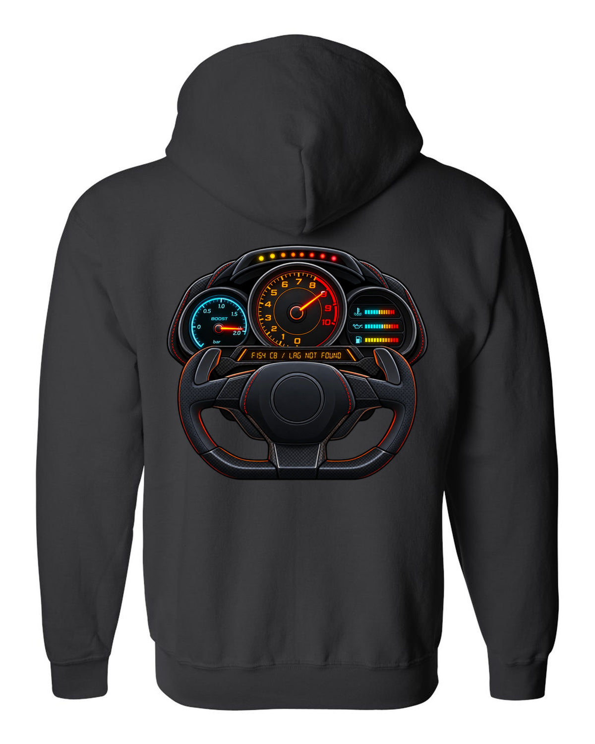 Ferrari 488 GTB boost gauge cockpit print with F154 CB engine code black zip hoodie back view with the design