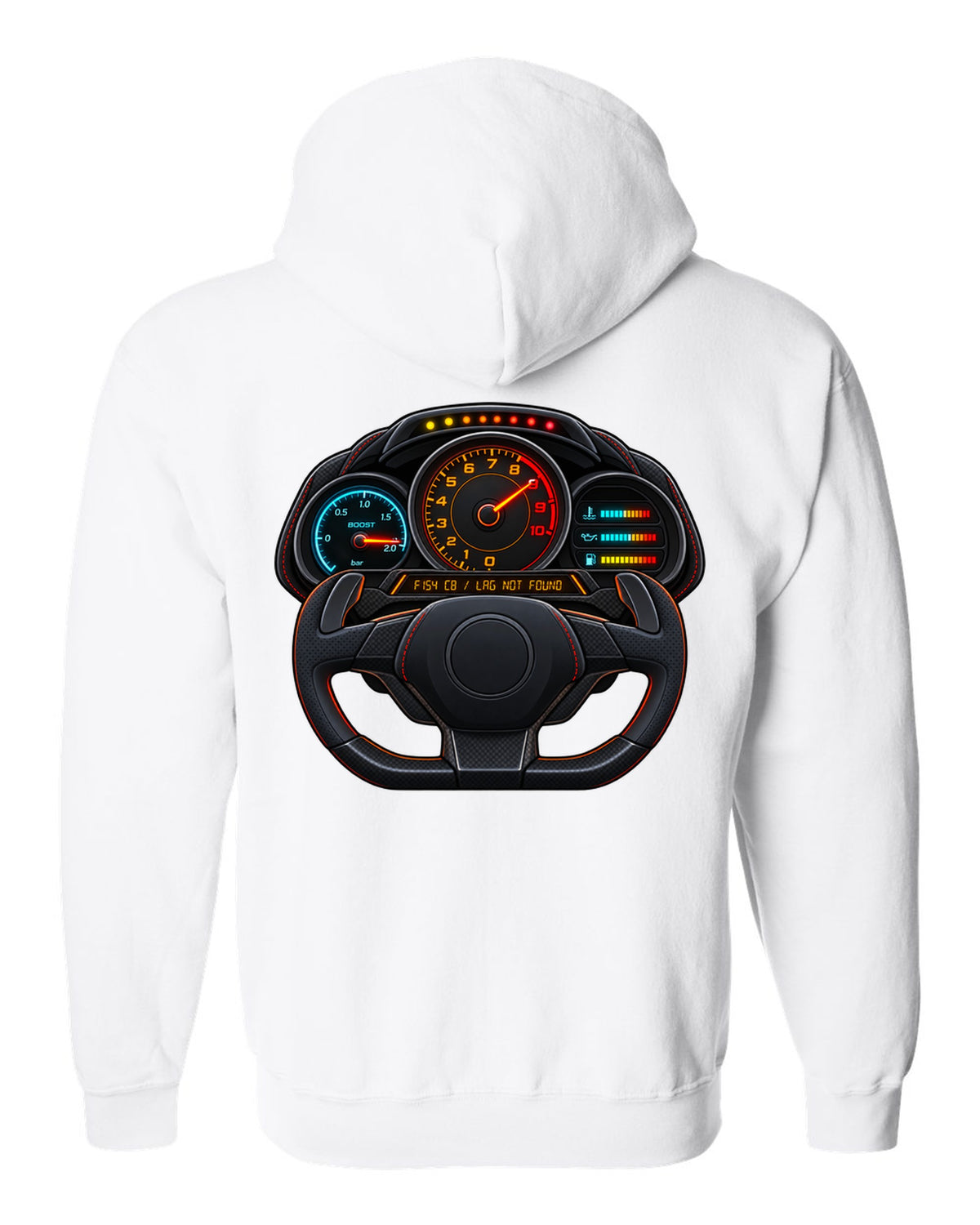 Ferrari 488 GTB boost gauge cockpit print with F154 CB engine code white zip hoodie back view with the design