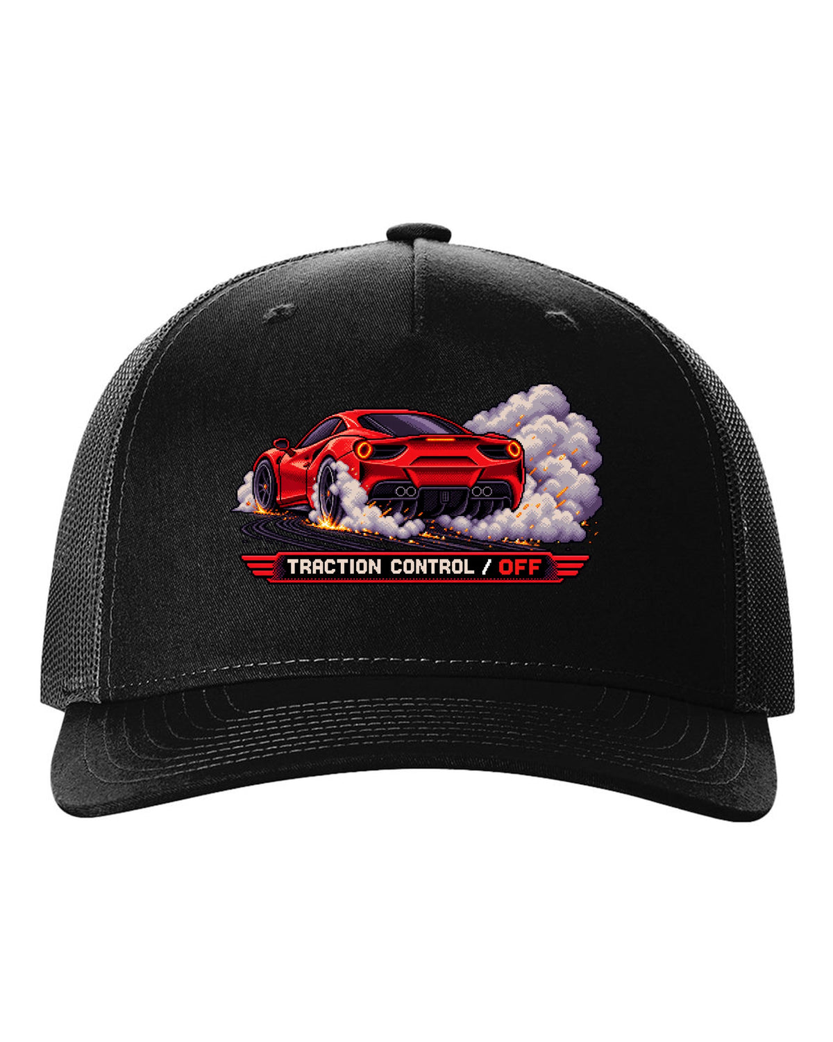 Pixel art Ferrari 488 GTB burnout with traction control off text black hat front view with the design