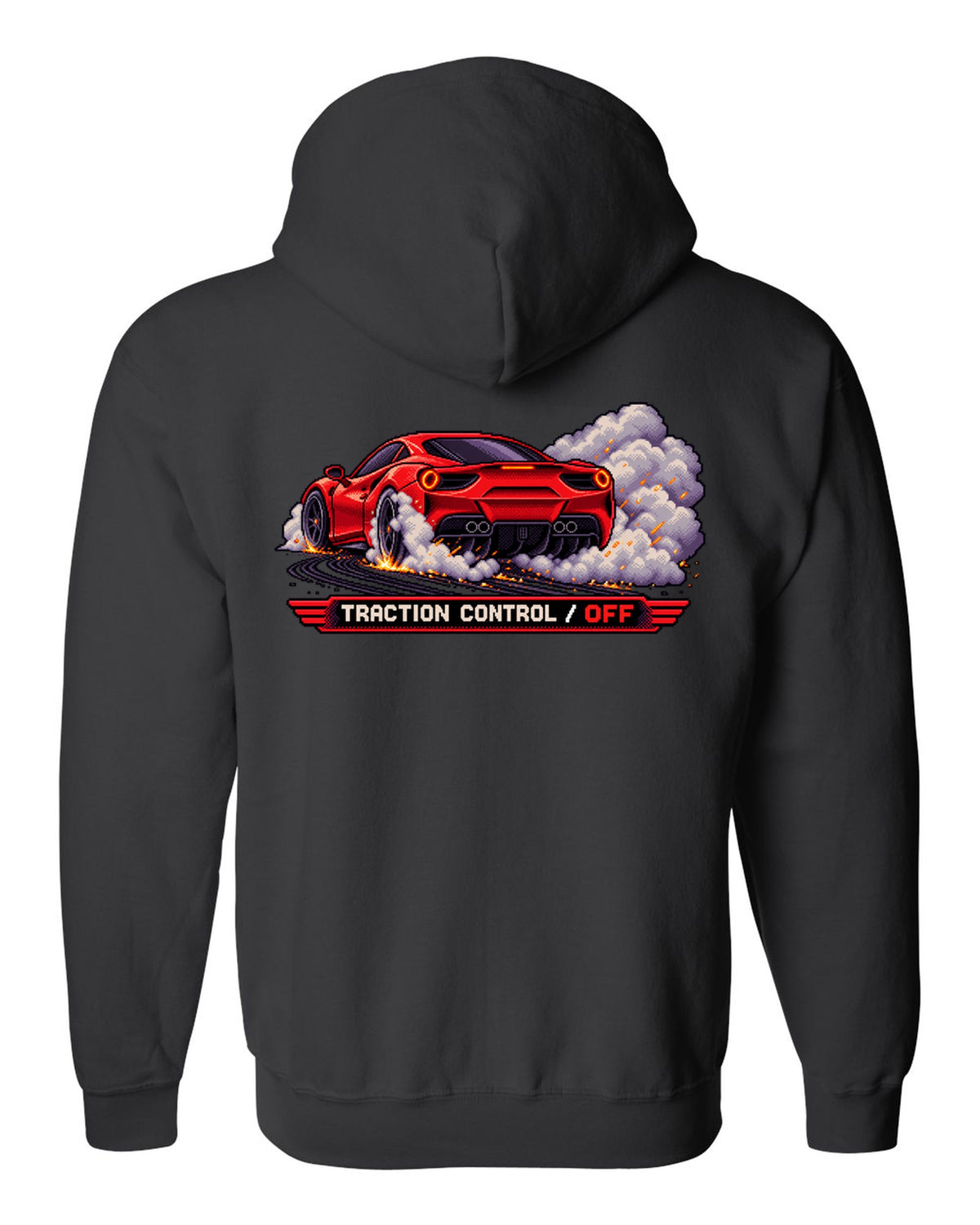 Pixel art Ferrari 488 GTB burnout with traction control off text black zip hoodie back view with the design