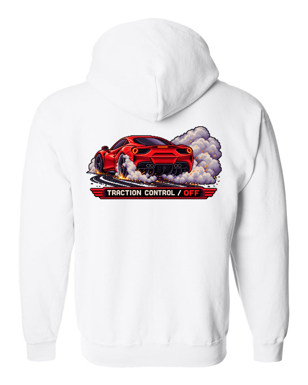 Pixel art Ferrari 488 GTB burnout with traction control off text white zip hoodie back view with the design