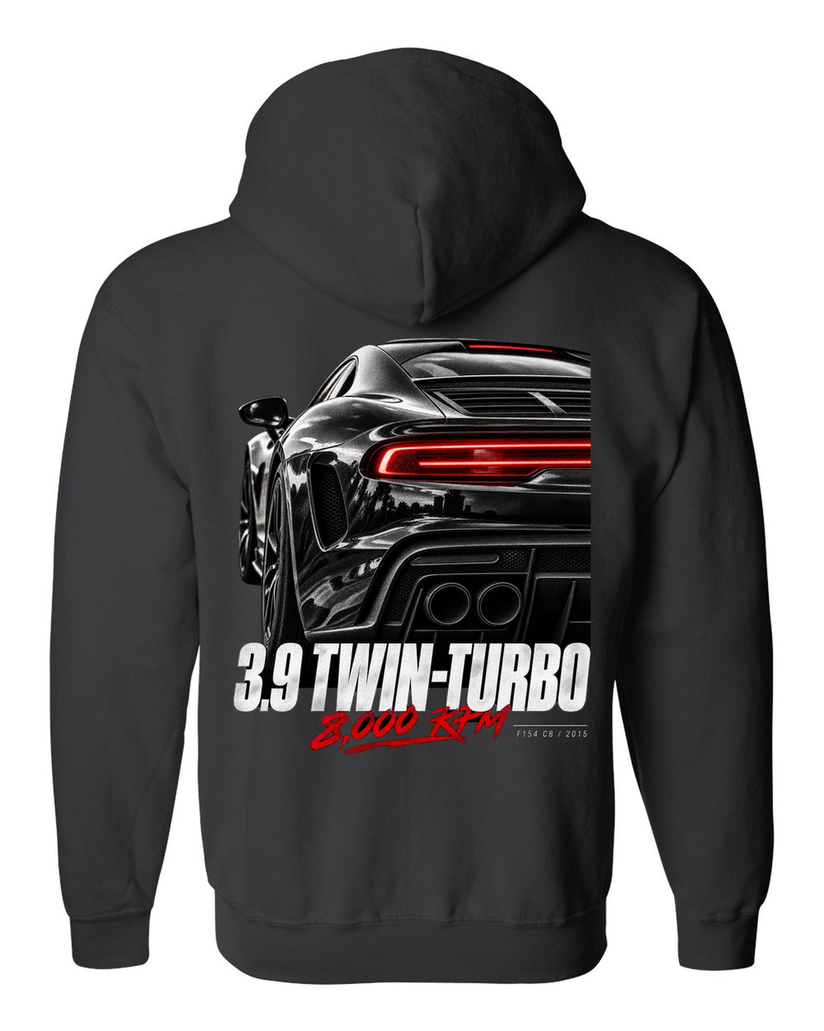 Macro print of a Ferrari 488 GTB rear with 3.9 twin-turbo and 8,000 rpm text black zip hoodie back view with the design