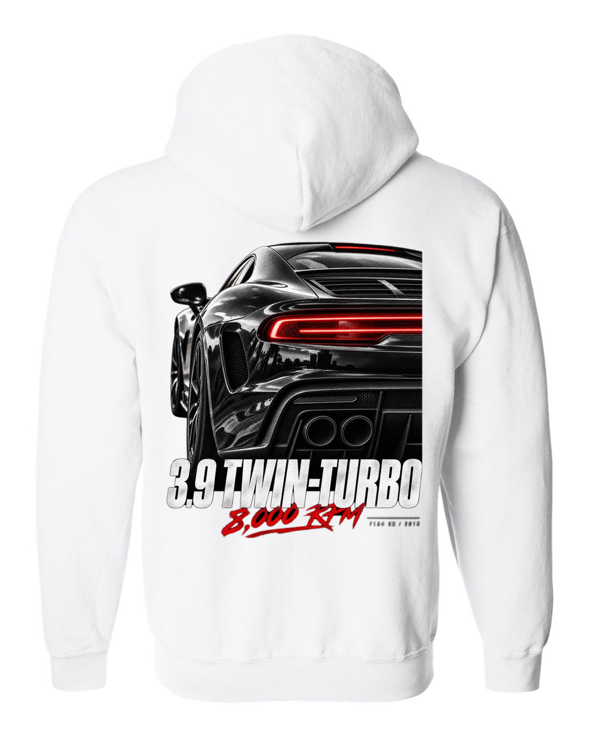 Macro print of a Ferrari 488 GTB rear with 3.9 twin-turbo and 8,000 rpm text white zip hoodie back view with the design
